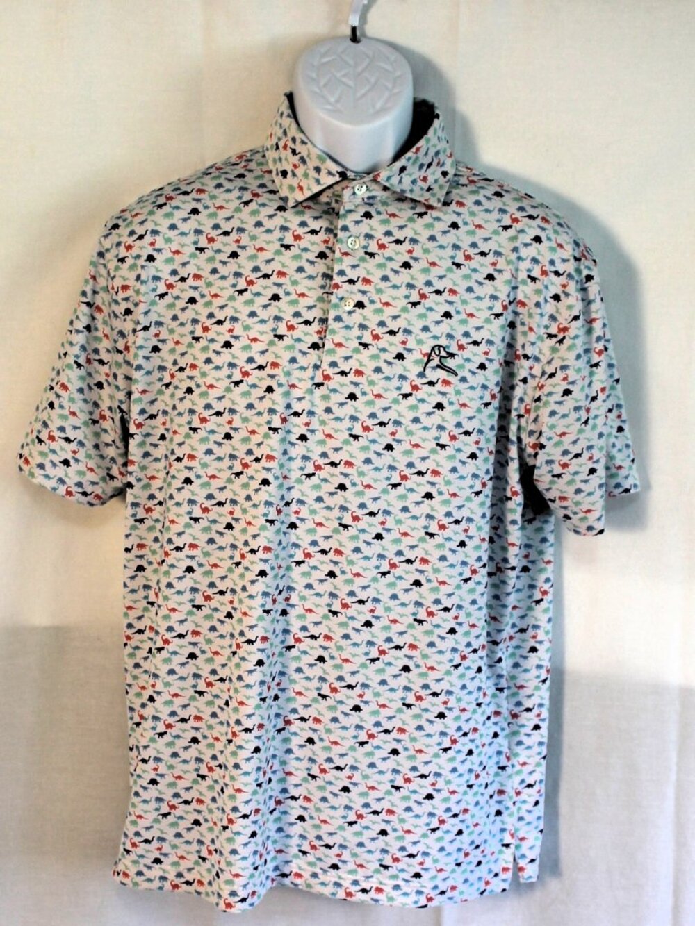 Rhoback White Polo with Tiny Dinosaur Print, Medium
